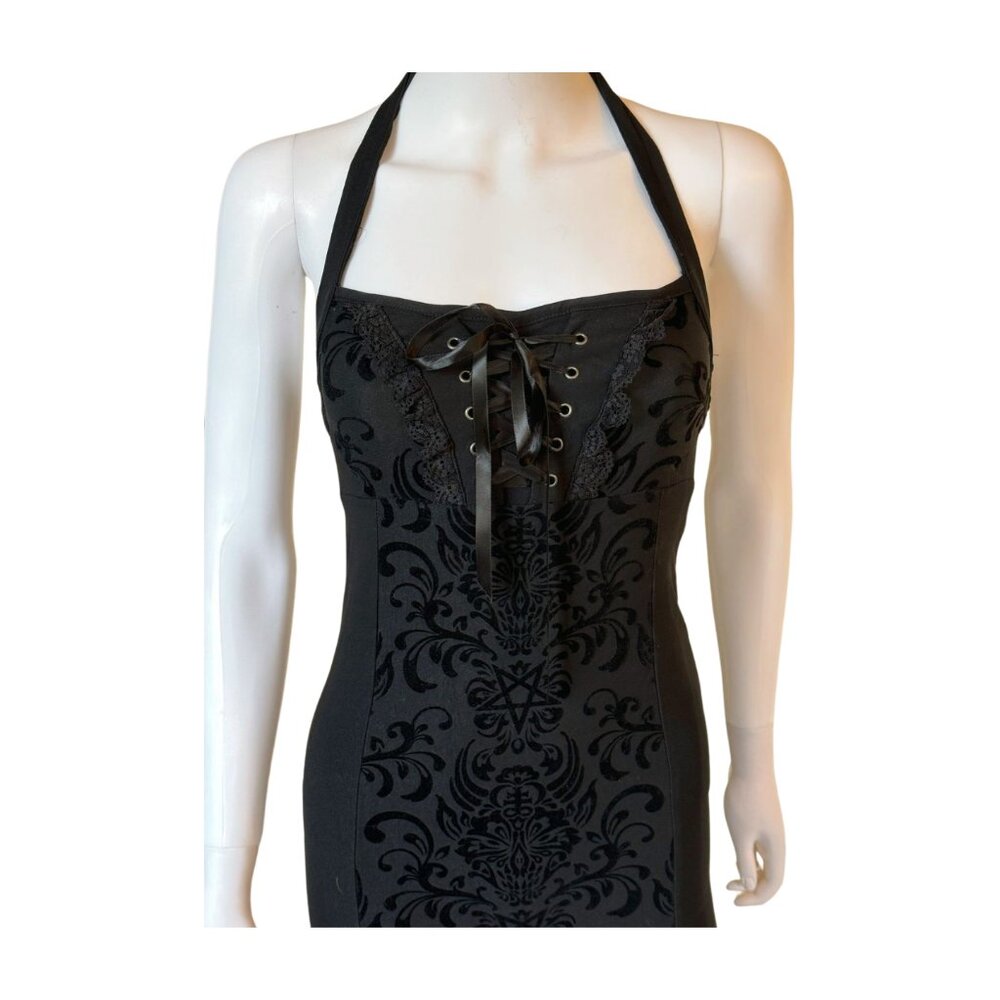 Killstar Gothic Velvet Flocked Halter Dress XS – Lace Up Corset Back Witchcore - Picture 2 of 9